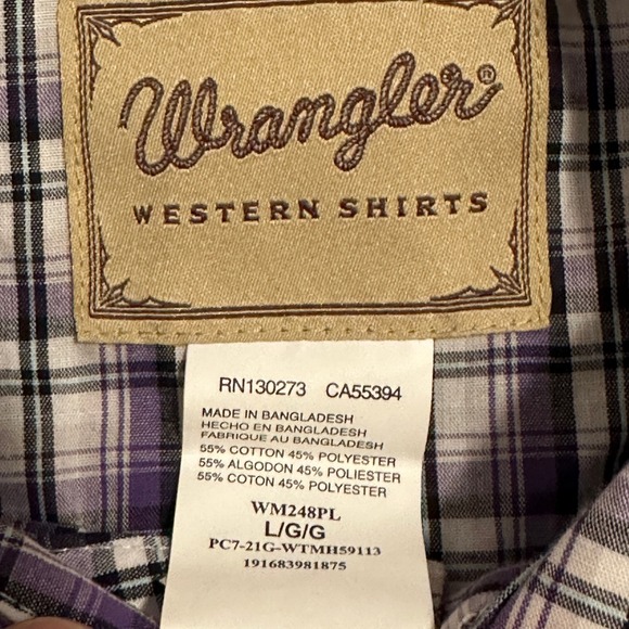 Wrangler Woven Western Button Up Shirt Short Sleeve Plaid Purple Mens Size L - Picture 7 of 13